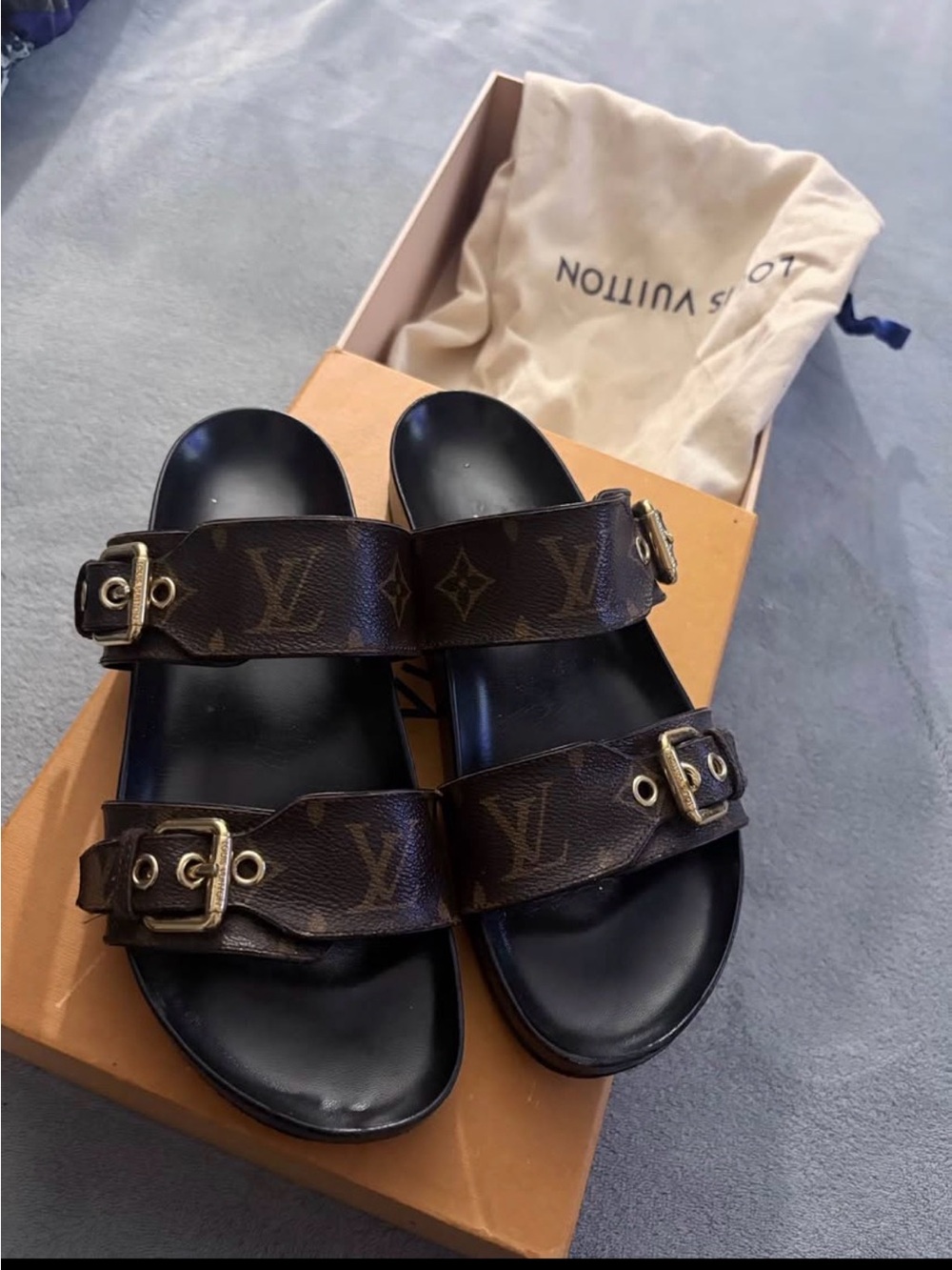 Louis Vuitton Black Footbed Brown Monogram Double-Buckle Slide Sandals